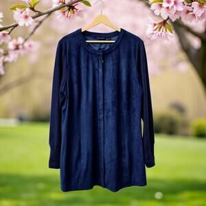 H By Halston Long Blue Suede Cardigan Sweater Jacket 16